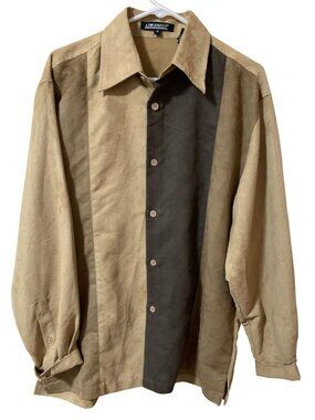 Lorenier Men's M Faux Suede Colorblock Button Front Shirt Tan Brown Retro Casual